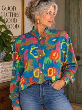 Vintage Lilli Ann Collections Abstract Floral Blouse Oversized XXL 27" PTP